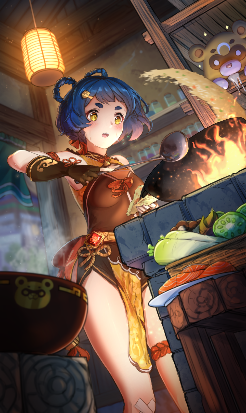 1girl :o blue_hair blush braid braided_hair_rings breasts china_dress chinese_clothes cooking dress fingerless_gloves fire flower_knot food fried_rice genshin_impact gloves guoba_(genshin_impact) hair_ornament hair_rings hairclip highres ippers open_mouth pelvic_curtain plate pot radish short_eyebrows short_hair small_breasts solo_focus spice_rack steam thighs twin_braids vegetable vision_(genshin_impact) wok xiangling_(genshin_impact) yellow_eyes