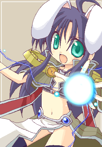 1girl 2000s_(style) ahoge animal_ears bikini bikini_top_only black_bikini black_hair brown_background brown_capelet brown_skirt capelet commentary_request cowboy_shot energy_ball flat_chest green_eyes long_hair looking_at_viewer lowres magic midriff navel oekaki open_mouth panties pantyshot pelvic_curtain rabbit_ears rabbit_girl ragnarok_online sage_(ragnarok_online) shirokuro_(lapinnoir) showgirl_skirt skirt solo striped_capelet swimsuit underwear white_panties