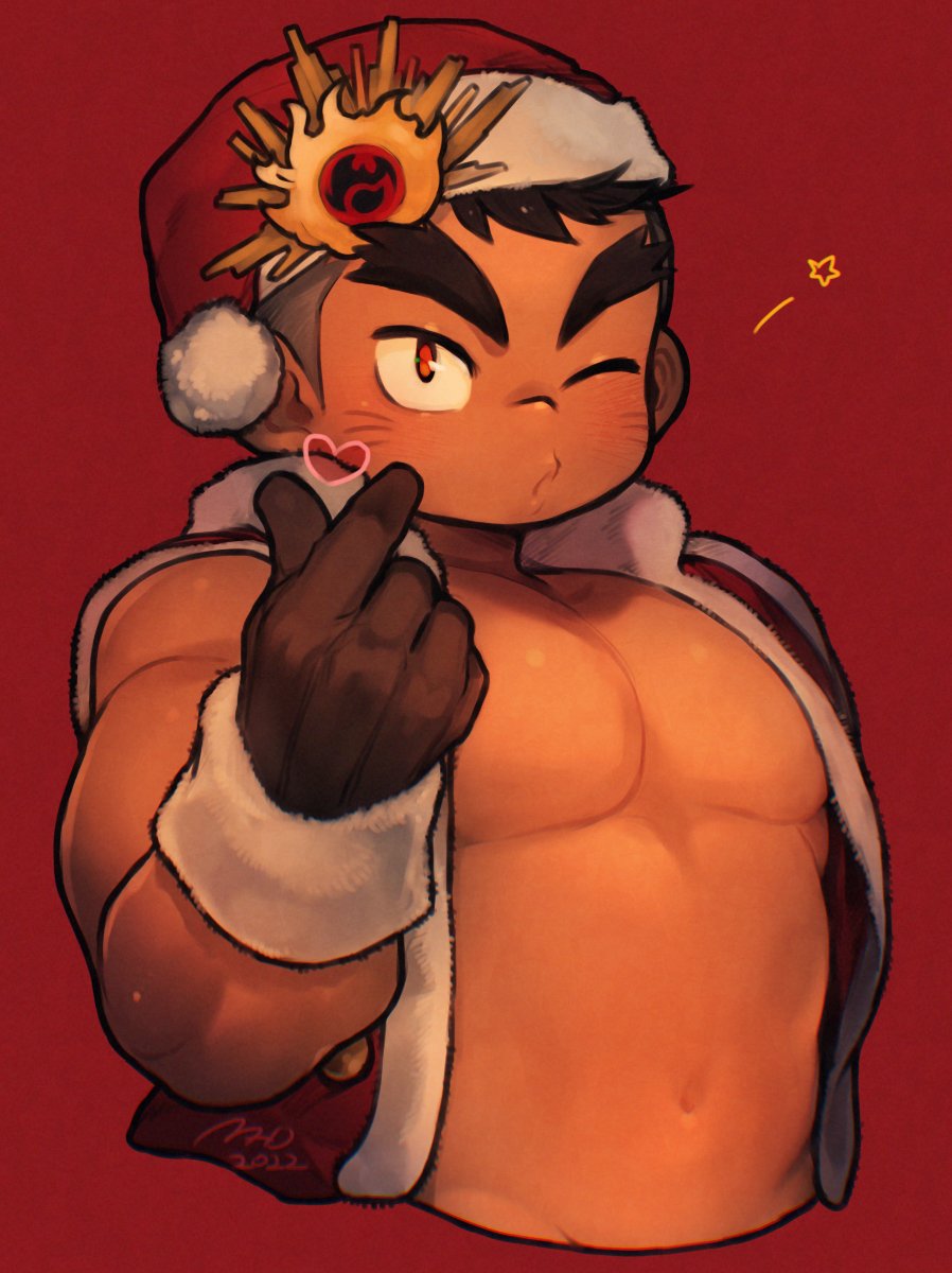 1boy 2022 bara blush brown_gloves brown_hair commentary_request forked_eyebrows fur-trimmed_gloves fur_trim gloves hand_up hat hat_ornament heart heart_hands highres jacket large_pectorals looking_at_viewer male_focus mid_(mid_skb) muscular muscular_child muscular_male navel no_shirt one_eye_closed open_clothes open_jacket pectorals puckered_lips red_background red_eyes santa_costume santa_hat short_hair signature sleeveless sleeveless_jacket solo star_(symbol) stomach teda_(housamo) thick_eyebrows tokyo_houkago_summoners upper_body