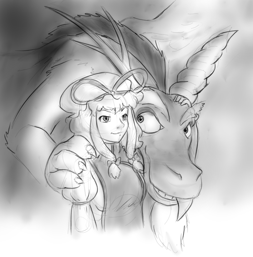 1girl alloyrabbit crossover discord_(my_little_pony) fang greyscale hand_on_shoulder monochrome my_little_pony my_little_pony:_friendship_is_magic power_connection sketch touhou trait_connection yakumo_yukari