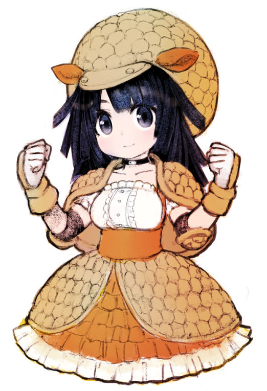 1girl armor armored_dress black_eyes black_hair brown_dress brown_gauntlets brown_hat choker clenched_hands closed_mouth cropped_legs dress giant_armadillo_(kemono_friends) hat ise_(0425) kemono_friends long_hair looking_at_viewer simple_background solo white_background