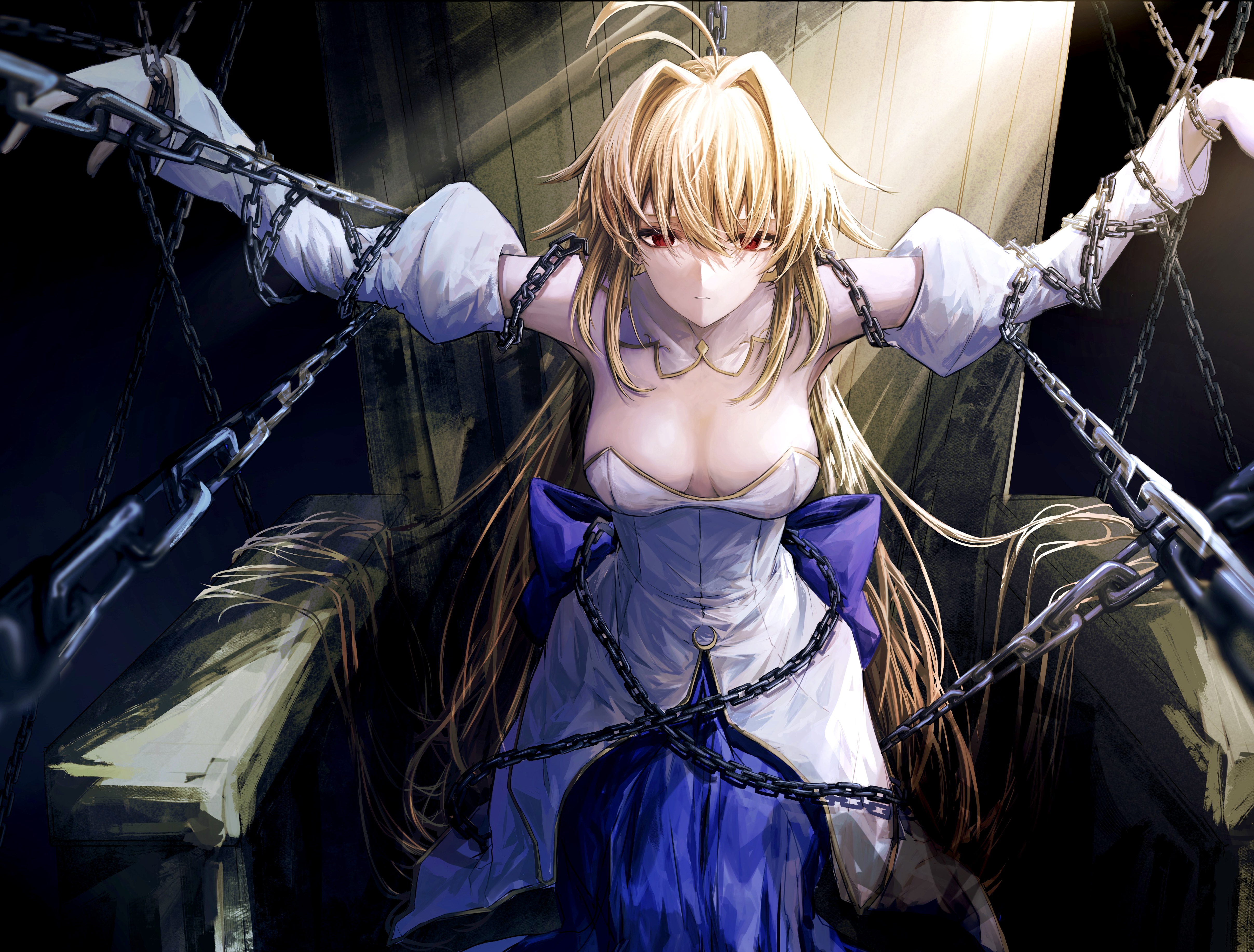 1girl absurdres antenna_hair archetype_earth arcueid_brunestud bare_shoulders blonde_hair blue_skirt bow breasts chain closed_mouth detached_collar detached_sleeves dress fate/grand_order fate_(series) hair_intakes highres long_hair long_skirt looking_at_viewer medium_breasts melty_blood multicolored_skirt princess_outfit puffy_sleeves red_eyes restrained sitting skirt solo strapless strapless_dress tsukihime very_long_hair white_dress wooden_chair yagi_(yagi5art)