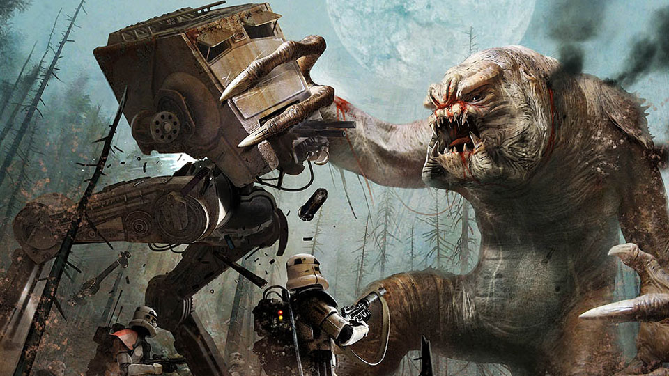 3boys alien armor artist_request at-st backpack bag battle blood claws damaged dirty duel energy_weapon epic fangs forest galactic_empire_(star_wars) injury male_focus mecha monster moon multiple_boys nature non-humanoid_robot planet rancor realistic robot rocket_launcher science_fiction smoke soldier star_wars stormtrooper tree walker_(robot) weapon