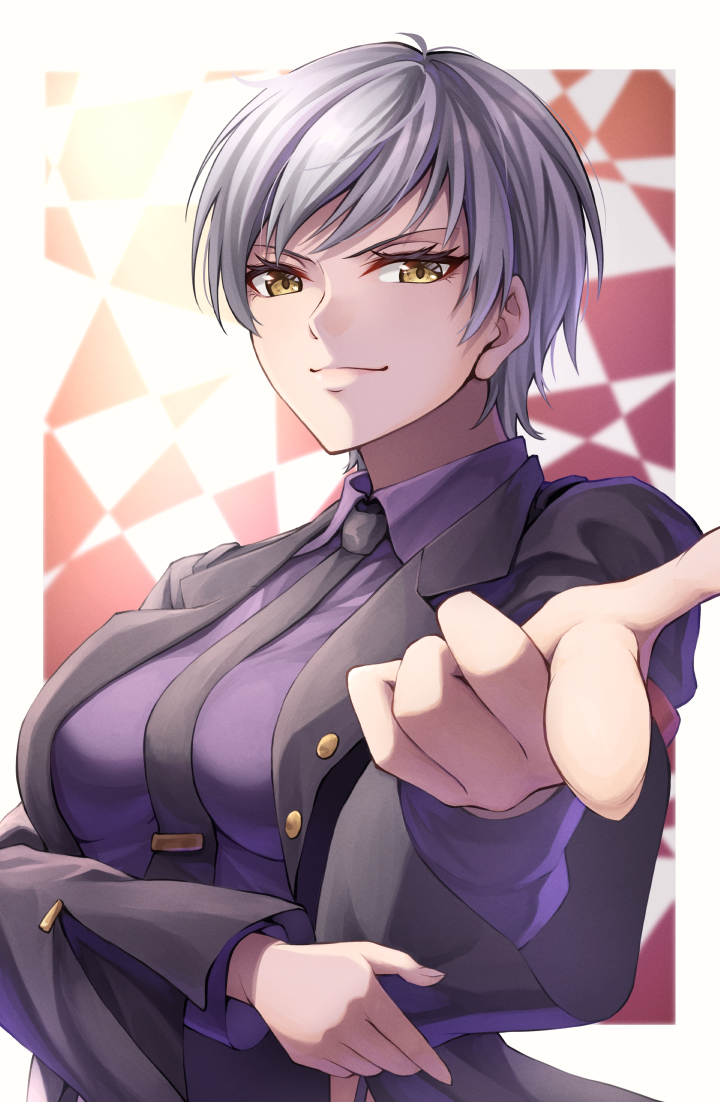 1girl arm_across_chest border female_focus long_sleeves looking_at_viewer necktie pointing pointing_at_viewer purple_shirt shirt short_hair smile solo standing ten_(tenchan_man) umineko_no_naku_koro_ni upper_body ushiromiya_kyrie white_border white_hair yellow_eyes