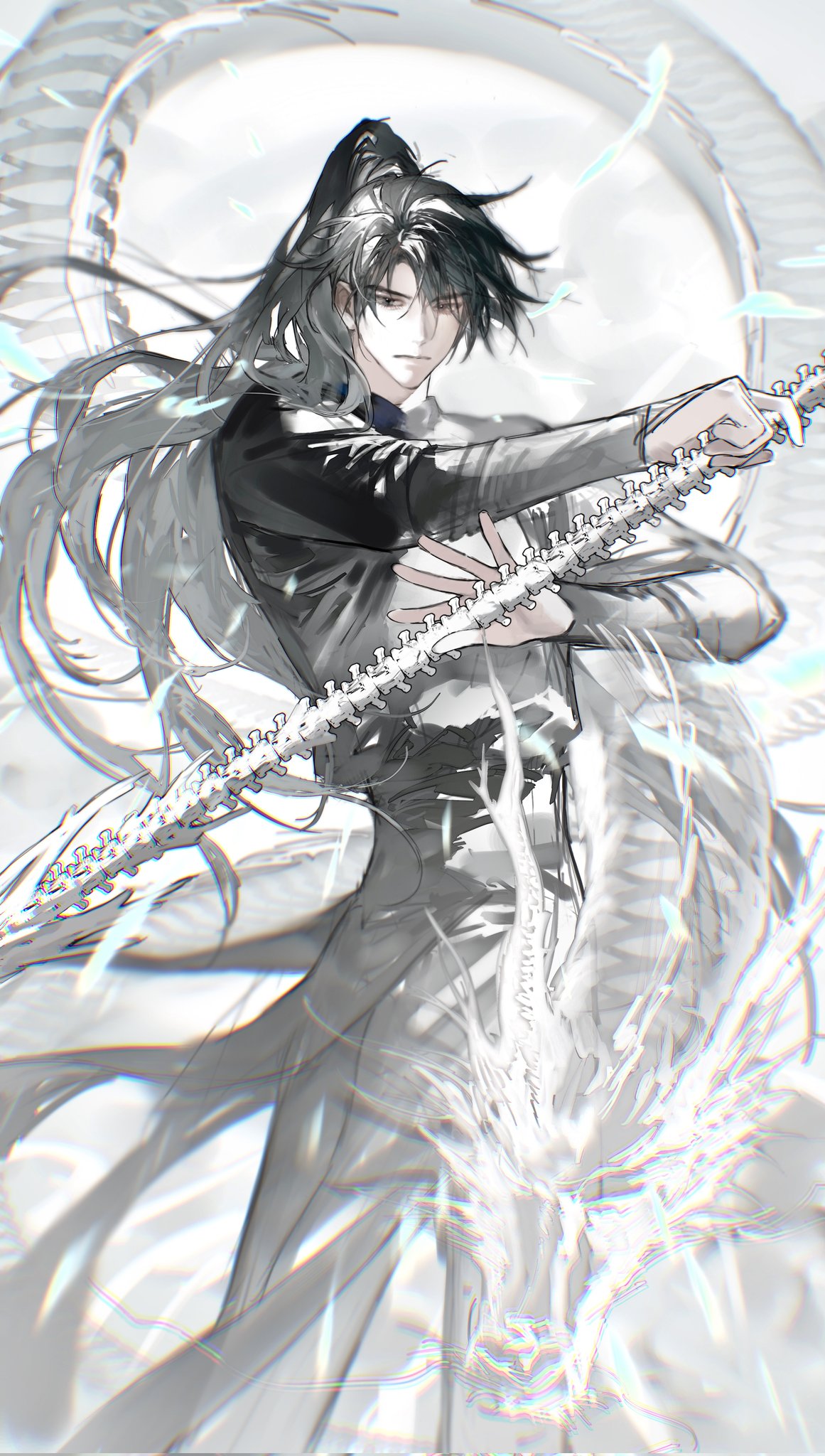 1boy black_eyes black_hair black_hanfu black_pants bone_weapon cheng_qian chinese_clothes chromatic_aberration closed_mouth corrupted_twitter_file cowboy_shot dragon eastern_dragon hanfu high_ponytail highres holding holding_sword holding_weapon lezi_ren_(nnniaas_77) liu_yao long_hair long_sleeves looking_at_viewer male_focus pants ponytail solo standing sword weapon white_background zhijupao