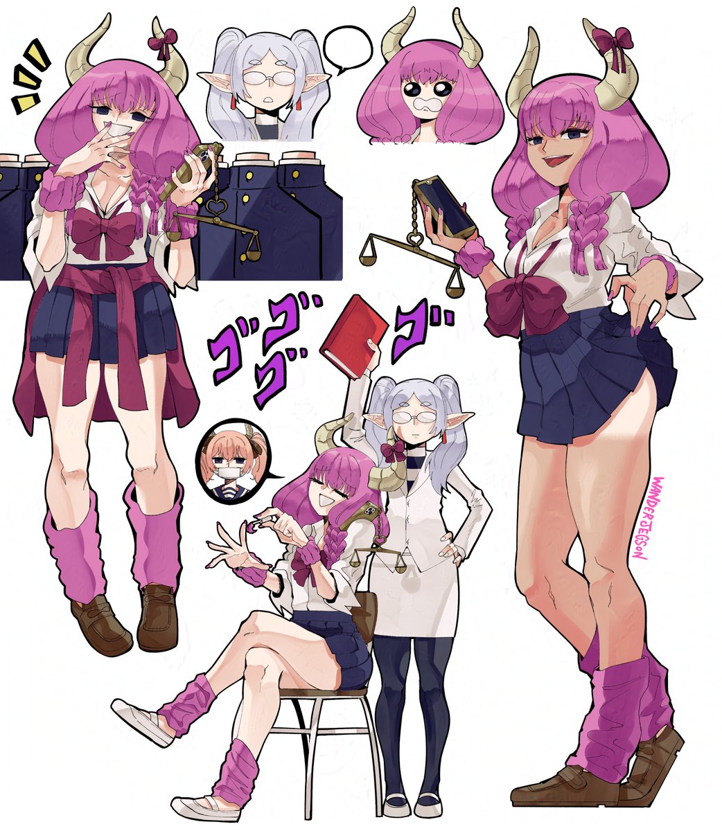 2girls alternate_costume applying_manicure artist_name aura_(sousou_no_frieren) aura_bullying_(meme) balance_scale blank_speech_bubble book bow bowtie braid breasts cellphone cellphone_charm chair charm_(object) cleavage clothes_around_waist clothes_lift contemporary demon_girl demon_horns earrings elf floating_earring frieren full_body glasses gyaru hand_on_own_hip hand_to_own_mouth headless highres holding holding_book holding_phone holding_scale horn_ornament horn_ribbon horns jewelry laughing lifting_own_clothes linie_(sousou_no_frieren) loose_bowtie loose_clothes loose_shirt loose_socks meme menacing_(jojo) multiple_braids multiple_girls multiple_views nail_polish nail_polish_brush opaque_glasses open_mouth painting_nails pantyhose parted_bangs phone pleated_skirt pointy_ears purple_hair quad_braids ribbon school_chair school_uniform shirt sitting skirt skirt_lift smartphone smile socks sousou_no_frieren speech_bubble striped_clothes striped_shirt sweatband sweater sweater_around_waist talking_on_phone tan tanline teacher teardrop_earrings twintails wanderjegson weighing_scale white_background white_hair