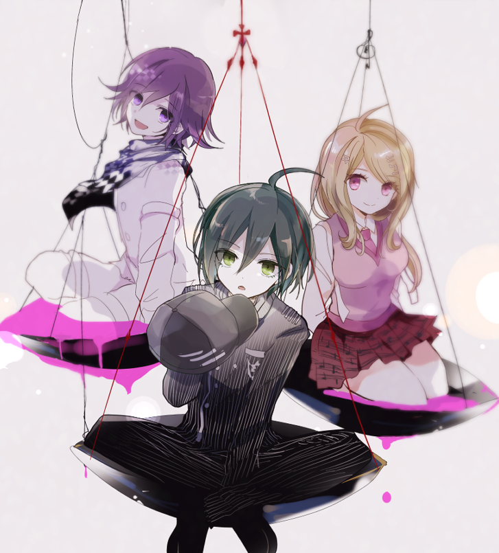 1girl 2boys ahoge akamatsu_kaede black_hair black_jacket blonde_hair breasts buttons checkered_clothes checkered_scarf collared_jacket collared_shirt commentary crossed_ankles danganronpa_(series) danganronpa_v3:_killing_harmony double-breasted dripping flipped_hair fortissimo green_eyes hair_between_eyes hair_ornament holding itadaki31 jacket long_hair long_sleeves looking_at_viewer multiple_boys musical_note musical_note_hair_ornament musical_note_print necktie oma_kokichi open_mouth pants pink_liquid pink_sweater_vest pink_vest pinstripe_jacket pinstripe_pants pinstripe_pattern pleated_skirt purple_eyes purple_hair saihara_shuichi scarf seiza shirt short_hair simple_background sitting skirt smile sweater_vest two-tone_scarf vest weighing_scale white_background white_shirt