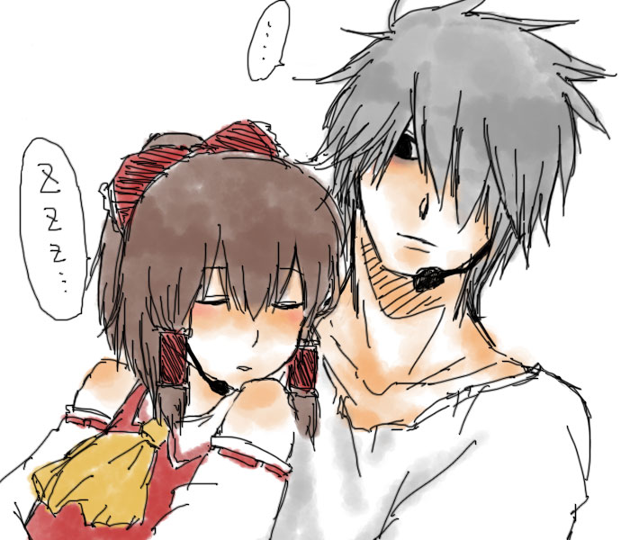 ... ascot black_hair bow brown_hair chii_(chi_0507) death_note detached_sleeves frilled_bow frilled_hair_tubes frills hair_bow hair_over_one_eye hair_tubes hakurei_reimu headset l_(death_note) leaning red_bow ribbon-trimmed_sleeves ribbon_trim sleeping sleeping_on_person spoken_ellipsis spoken_zzz touhou yellow_ascot yukkuri_youmu_to_hontou_wa_kowai_cthulhu_shinwa zzz