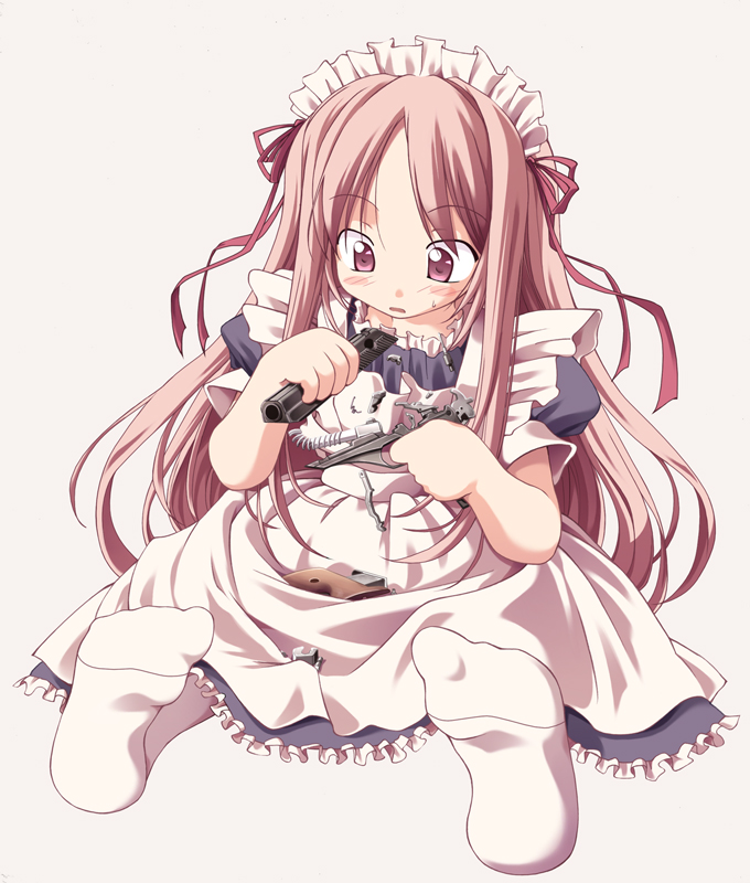 1girl blush breaking disassembly female_focus geisya gun handgun long_hair maid maid_headdress original pink_eyes pink_hair pistol sitting socks solo weapon white_socks