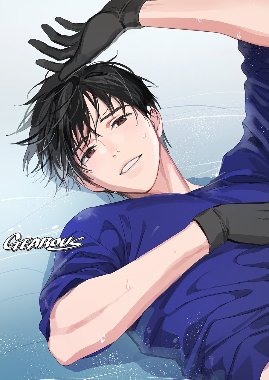 1boy artist_name bishounen black_gloves black_hair blue_shirt brown_eyes gearous gloves highres katsuki_yuuri looking_at_viewer lying male_focus on_back on_ice parted_lips shirt solo sweat upper_body yuri!!!_on_ice