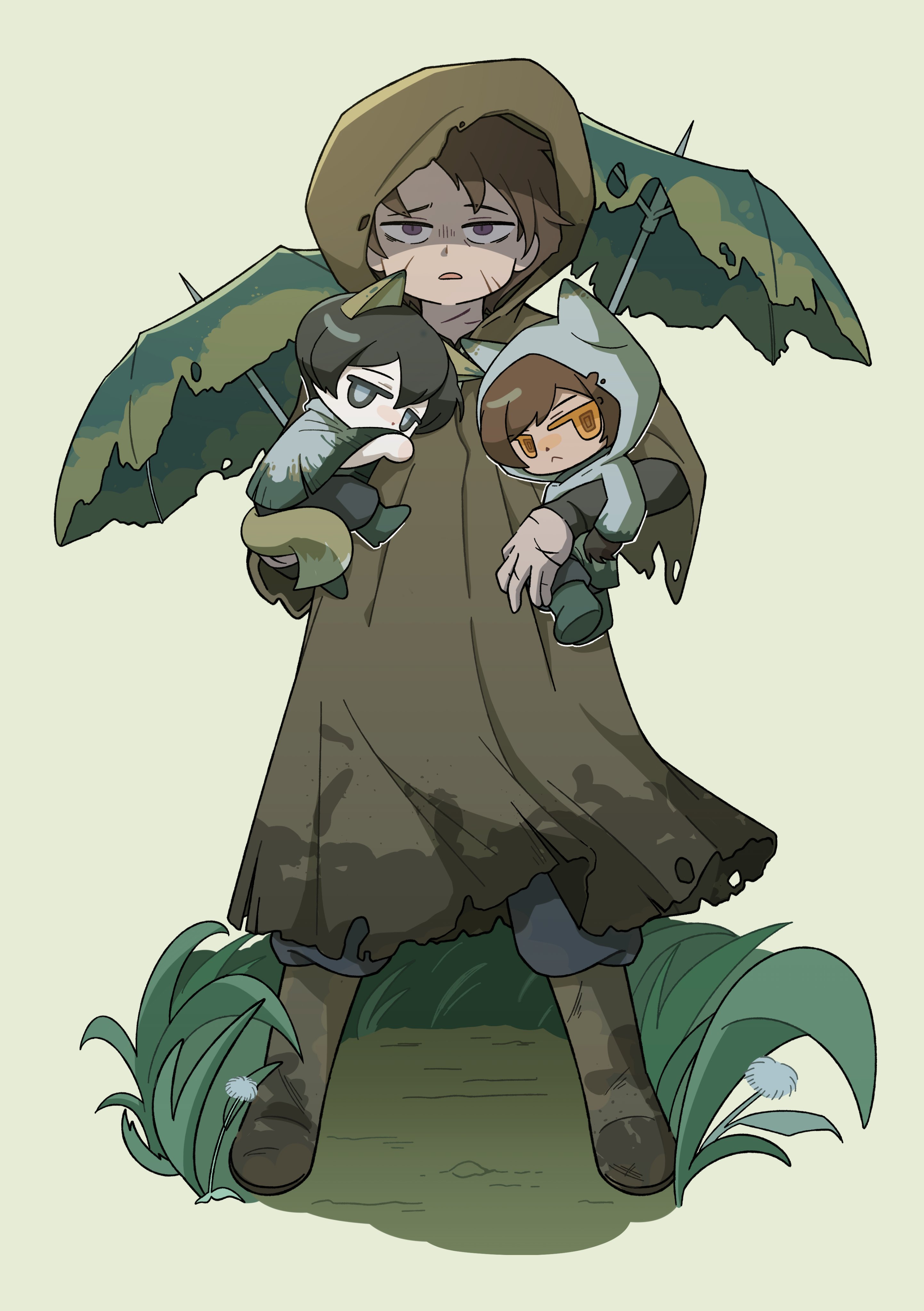 1girl 2boys :< absurdres animal_ears boots brown_boots brown_hair brown_raincoat closed_mouth e.g.o_(project_moon) fox_ears fox_tail full_body heathcliff_(project_moon) highres limbus_company mini_person miniboy minigirl multiple_boys orange_eyes outis_(project_moon) parted_bangs project_moon raincoat short_hair simple_background sunshower_(e.g.o) tail torn_umbrella umbrella uuu_(gyojamandu) white_background white_raincoat yi_sang_(project_moon)