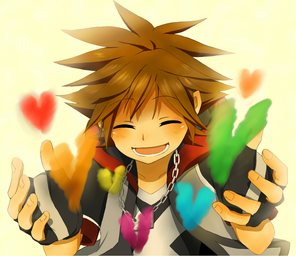 1boy black_gloves black_shirt brown_hair closed_eyes commentary_request fingerless_gloves gloves hands_up happy heart hood hood_down hooded_jacket ichigo_bataa jacket kingdom_hearts kingdom_hearts_3d:_dream_drop_distance light_blush lower_teeth_only male_focus open_clothes open_jacket open_mouth shirt short_hair short_sleeves smile solo sora_(kingdom_hearts) spiked_hair teeth upper_body v-neck yellow_background