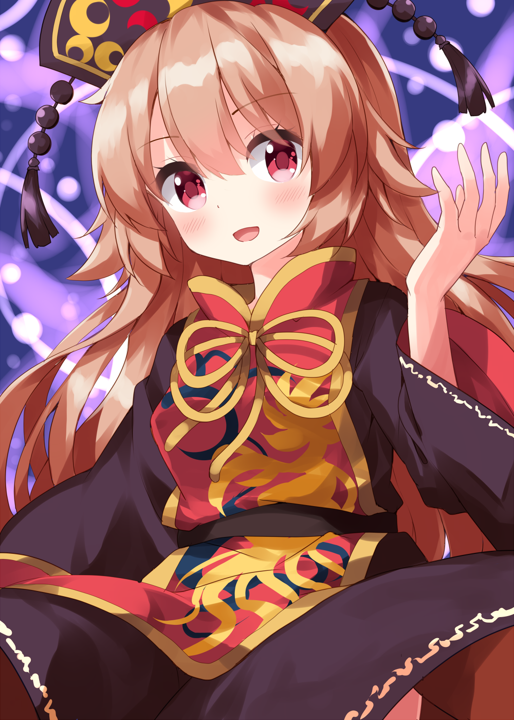 1girl blonde_hair chinese_clothes closed_eyes cowboy_shot crescent happy highres junko_(touhou) long_hair one-hour_drawing_challenge open_mouth phoenix_crown pom_pom_(clothes) red_tabard ruu_(tksymkw) simple_background solo tabard tassel touhou very_long_hair white_background yellow_tabard