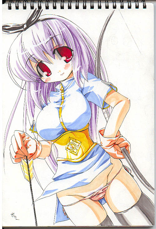 1girl 2000s_(style) archer_(ragnarok_online) arrow_(projectile) black_bow black_thighhighs blue_shirt blush bow bow_(weapon) breasts brown_gloves closed_mouth colored_pubic_hair commentary_request cowboy_shot female_pubic_hair gloves hair_bow holding holding_arrow holding_bow_(weapon) holding_weapon large_breasts long_hair looking_at_viewer miuku_(marine_sapphire) panties panty_pull pink_panties pubic_hair pubic_hair_peek purple_hair purple_pubic_hair ragnarok_online red_eyes shirt short_sleeves simple_background smile solo thighhighs underwear weapon white_background