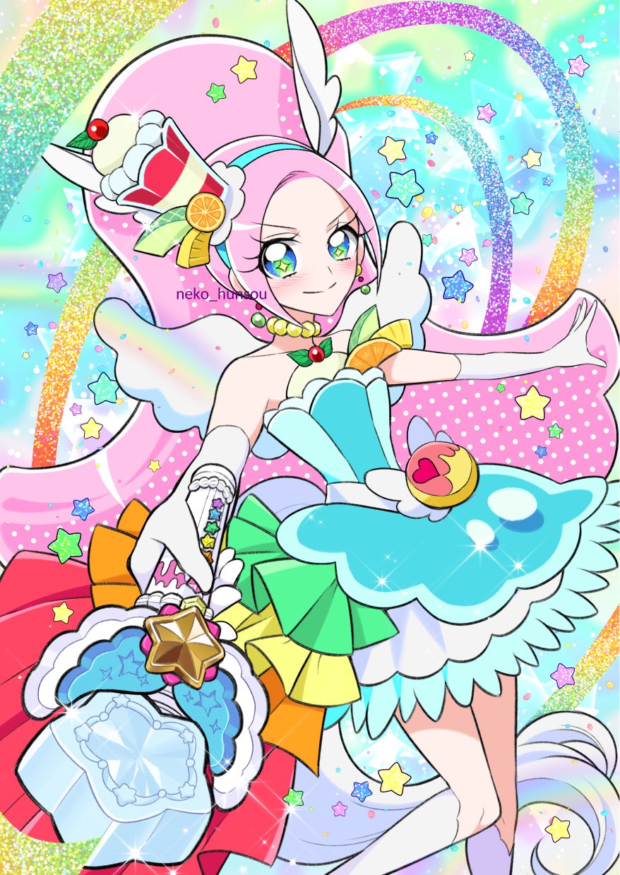 1girl animal_ears bare_shoulders berry blush boots choker commentary_request cure_parfait dress earrings elbow_gloves food food-themed_hair_ornament fruit gloves hair_ornament headband highres holding holding_wand horse_ears jewelry kirahoshi_ciel kirakira_precure_a_la_mode kiwi_(fruit) leaf lemon long_hair looking_at_viewer multicolored_eyes neko_hunsou orange_(fruit) parfait pearl_choker pearl_earrings pink_hair ponytail precure solo star_(symbol) strapless strapless_dress tail wand watermark white_boots white_gloves white_tail white_wings wings