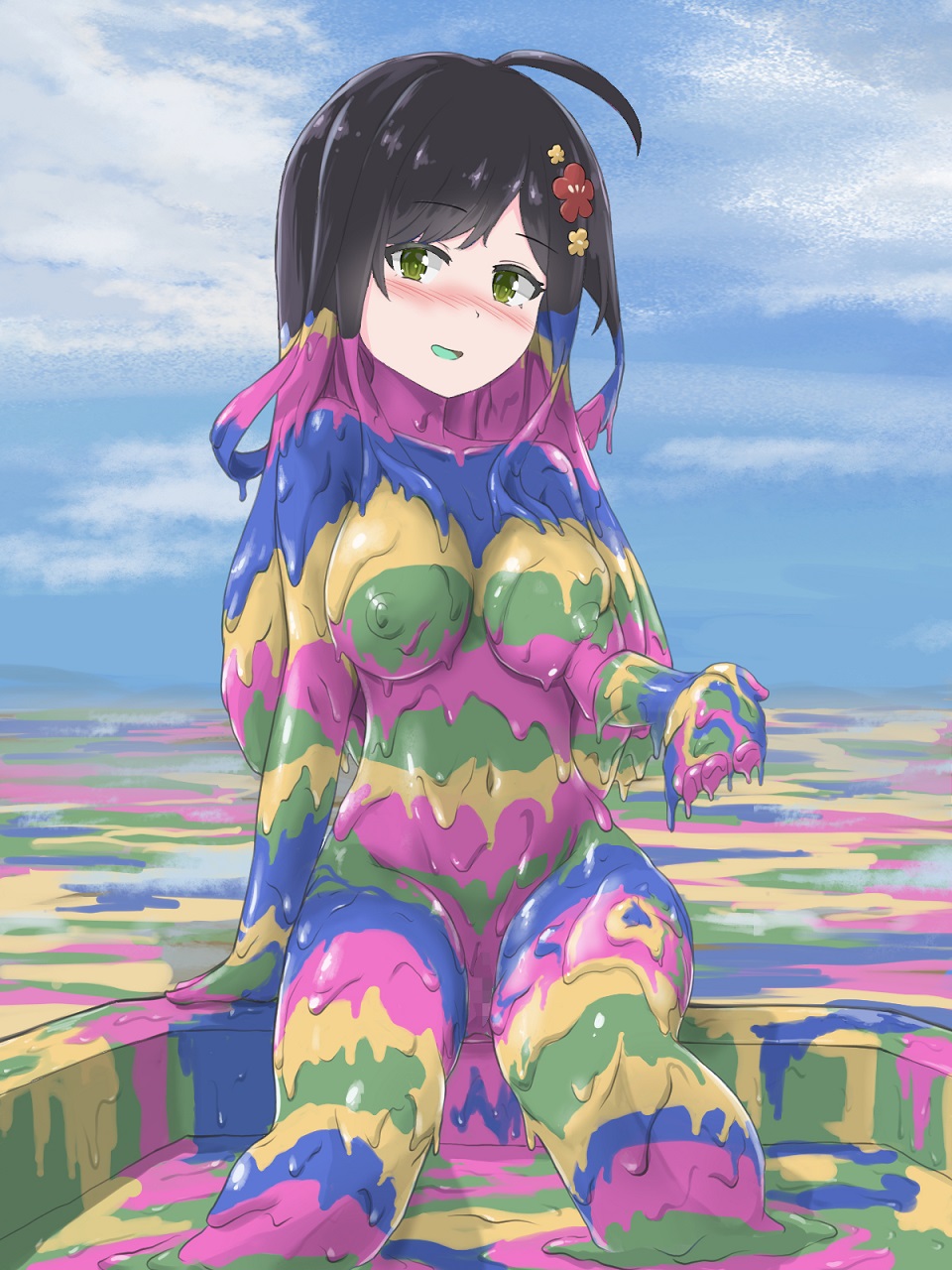 1girl ahoge alolan_form alolan_muk blush breasts censored completely_nude eyebrows eyelashes gen_7_pokemon green_eyes hair_ornament haruma_(messy_illust) highres long_hair looking_at_viewer medium_breasts monster_girl navel nintendo nipples nude open_mouth outdoors personification pokemon sitting slime_girl solo