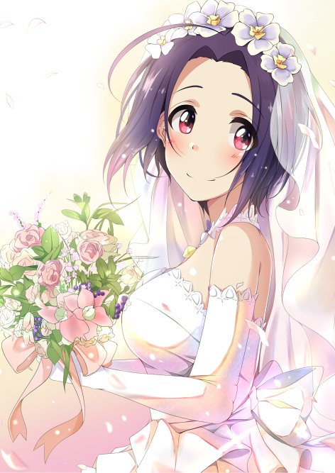 1girl ahoge bare_shoulders blue_hair bouquet bow breasts bridal_veil closed_mouth dot_nose dress elbow_gloves falling_petals flower from_side gloves gradient_background hair_flower hair_ornament hitotsuki_nanoka holding holding_bouquet idolmaster idolmaster_(classic) idolmaster_million_live! idolmaster_million_live!_theater_days large_breasts looking_at_viewer miura_azusa petals pink_flower red_eyes short_hair sleeveless sleeveless_dress smile solo upper_body veil waist_bow wedding_dress white_bow white_dress white_flower white_gloves