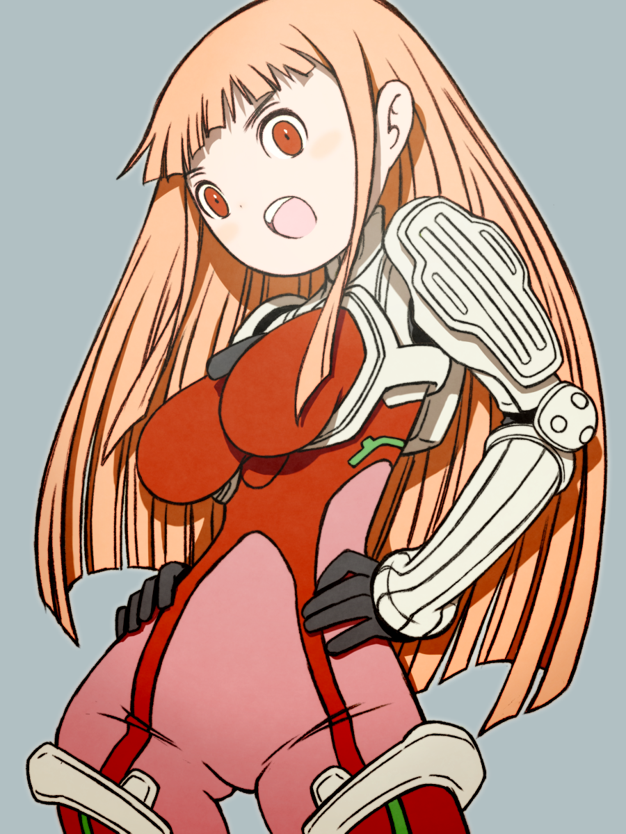 1girl beeru_(veil8801) black_gloves blunt_ends blunt_sidelocks bodysuit breasts cowboy_shot gloves grey_background hands_on_own_hips highres ken_marinaris large_breasts legs_apart long_hair mecha_pilot_suit open_mouth orange_hair pink_bodysuit red_eyes sidelocks solo standing teeth upper_teeth_only zone_of_the_enders zone_of_the_enders_2