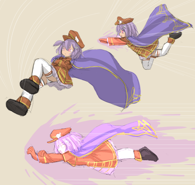 1girl aura cosplay crossed_arms dark_skin emil_chronicle_online gloves hat jumping kasuga_yukihito kicking m._bison m_bison_(cosplay) panties pantyshot parody peaked_cap pink_eyes psycho_crusher purple_hair short_hair simple_background skeleton_shooter_alma street_fighter thighhighs underwear white_thighhighs