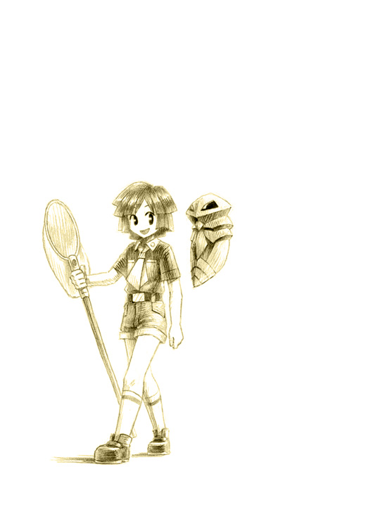 00s 1boy bugsy_(pokemon) butterfly_net chiba_(tibaacss) gen_1_pokemon gym_leader hand_net kakuna male_focus monochrome net nintendo pokemon pokemon_(creature) pokemon_hgss sepia shorts