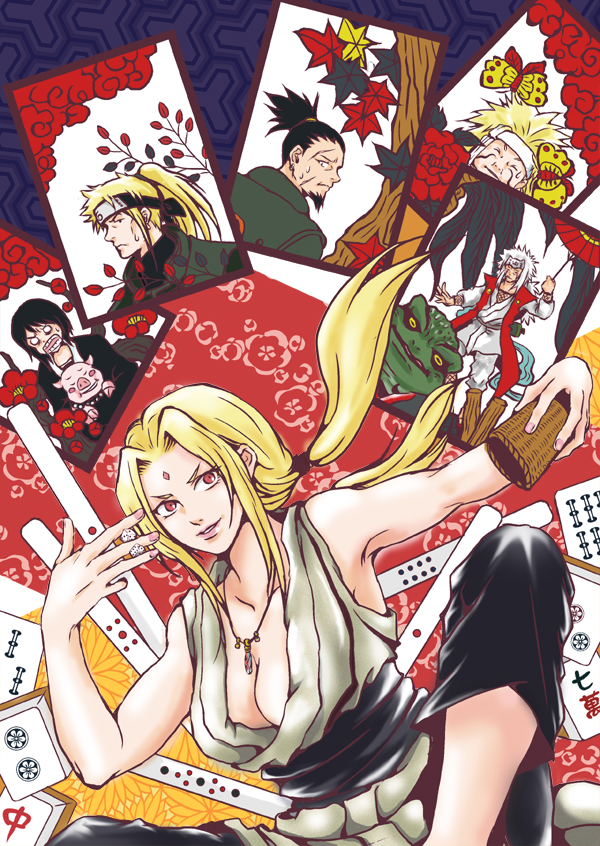 2girls 4boys akimichi_chouza black_hair black_kimono blonde_hair blush blush_stickers breasts bug butterfly cleavage forehead_protector giant_toad high_ponytail indian_style insect inu_(sa-hara) japanese_clothes jewelry jiraiya_(naruto) kimono large_breasts long_hair looking_at_viewer multiple_boys multiple_girls nail_polish nara_shikaku naruto_(classic) naruto_(series) necklace no_bra parted_lips pendant pet pig pink_lips ponytail shizune_(naruto) short_hair sitting sweat tagme toad_(animal) tonton_(naruto) tsunade_(naruto) white_hair yamanaka_inoichi