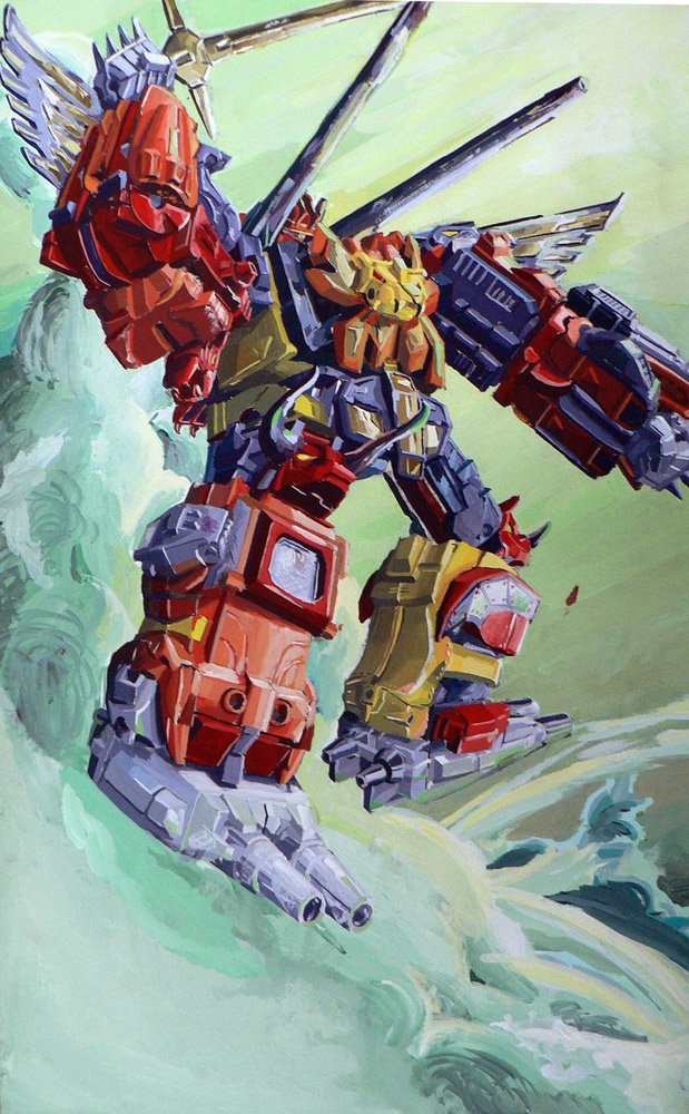 1980s_(style) clenched_hand decepticon holding holding_sword holding_weapon looking_at_viewer marble-v mecha oldschool painting_(medium) predaking_(transformers) retro_artstyle robot shoulder_cannon solo sword traditional_media transformers visor weapon