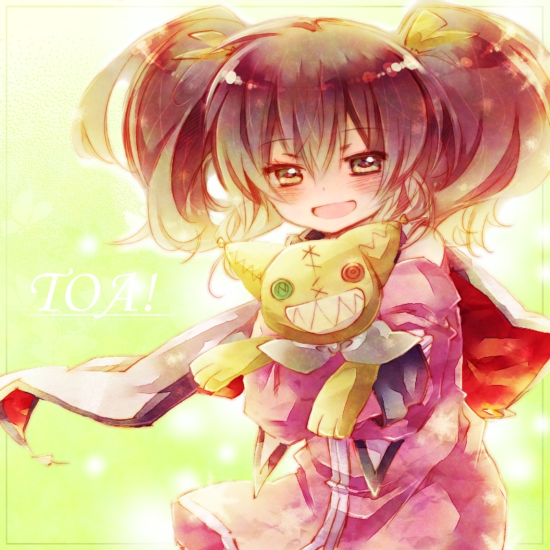 00s 1girl :d amamiya_kabosu anise_tatlin bad_id bad_pixiv_id black_eyes black_hair blush copyright_name female_focus hair_ribbon looking_at_viewer open_mouth ribbon smile solo stuffed_animal stuffed_toy sunlight tales_of_(series) tales_of_the_abyss tokunaga_(tales) twintails