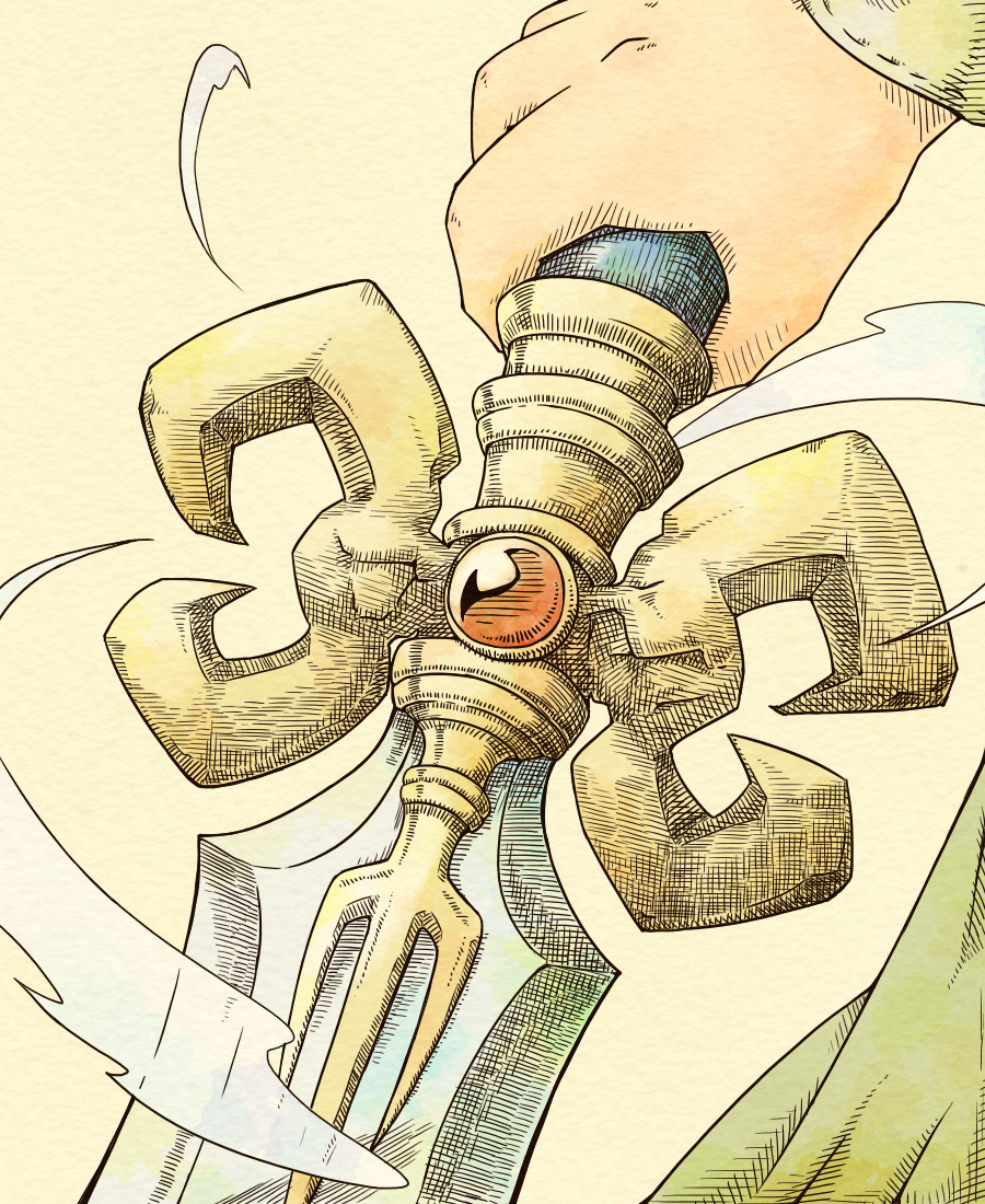1boy 4ma4ma5ma commentary_request dragon_quest dragon_quest_vii gem gold green_tunic hatching_(texture) hero_(dq7) hilt holding holding_sword holding_weapon long_sleeves red_gemstone smoke smoke_trail solo sword tunic weapon weapon_focus woven_hatching yellow_background