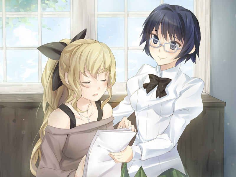 2girls :&gt; artist_request black_bow black_bowtie black_ribbon blonde_hair blue_eyes blue_hair blush bow bowtie closed_eyes closed_mouth eyelashes game_cg glasses green_skirt grey-framed_eyewear hair_ribbon hakamichi_shizune holding holding_paper indoors katawa_shoujo light_particles long_hair multiple_girls non-web_source official_art open_mouth paper ponytail ribbon satou_lilly school_uniform shirt short_hair skirt smile white_shirt window yamaku_high_school_uniform