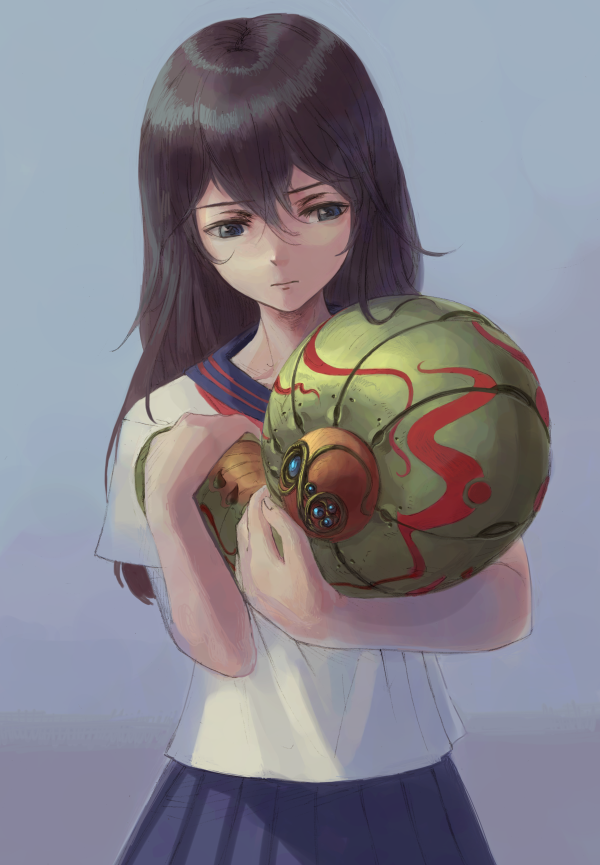 1girl :| bad_id bad_pixiv_id black_hair blue_eyes blue_sailor_collar blue_skirt closed_mouth hair_between_eyes larva long_hair multicolored_background original pleated_skirt sailor_collar school_uniform serafuku shirt short_sleeves skirt solo vaison white_shirt
