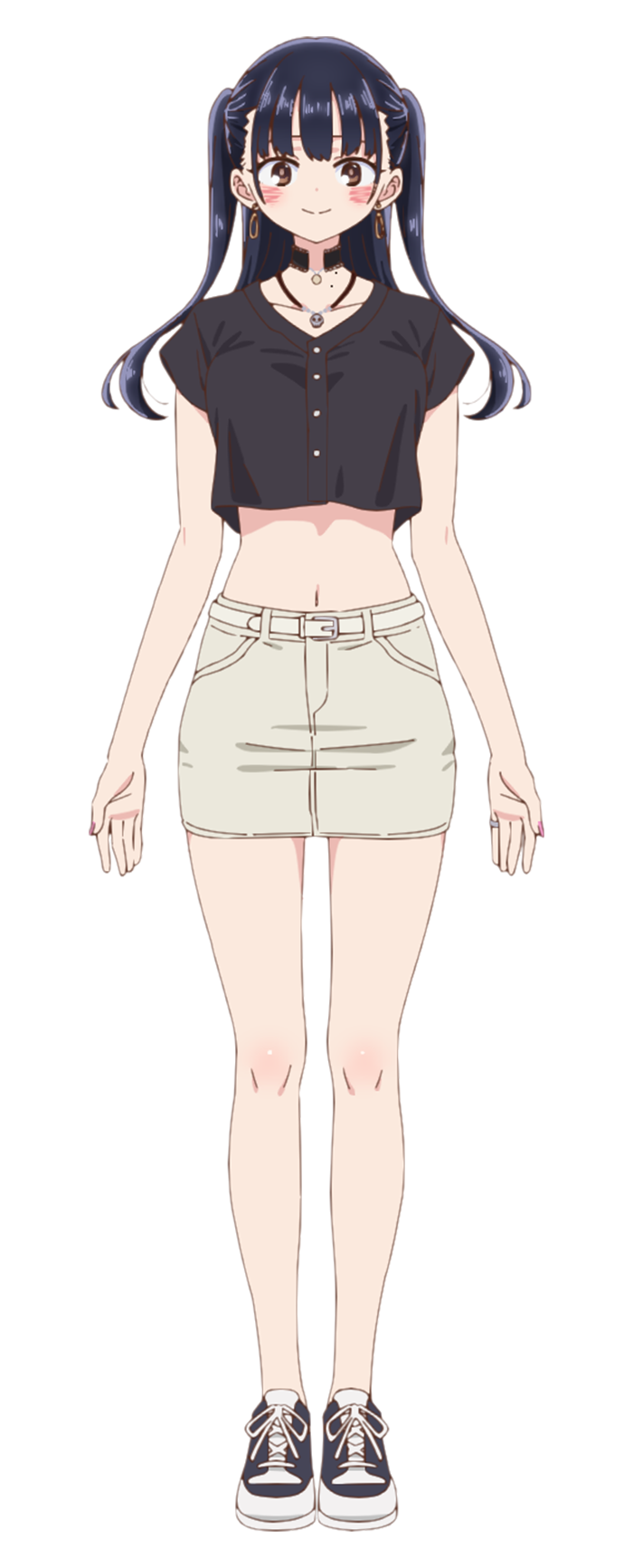 1girl black_hair black_shirt black_skirt blush boku_no_kokoro_no_yabai_yatsu brown_eyes closed_mouth collarbone cropped_shirt earrings full_body highres jewelry long_hair looking_at_viewer miniskirt mole mole_on_neck multiple_moles navel necklace official_art pearl_choker pencil_skirt shirt shoes simple_background skirt skull_necklace solo standing thighs transparent_background triangle_earrings twintails yamada_anna