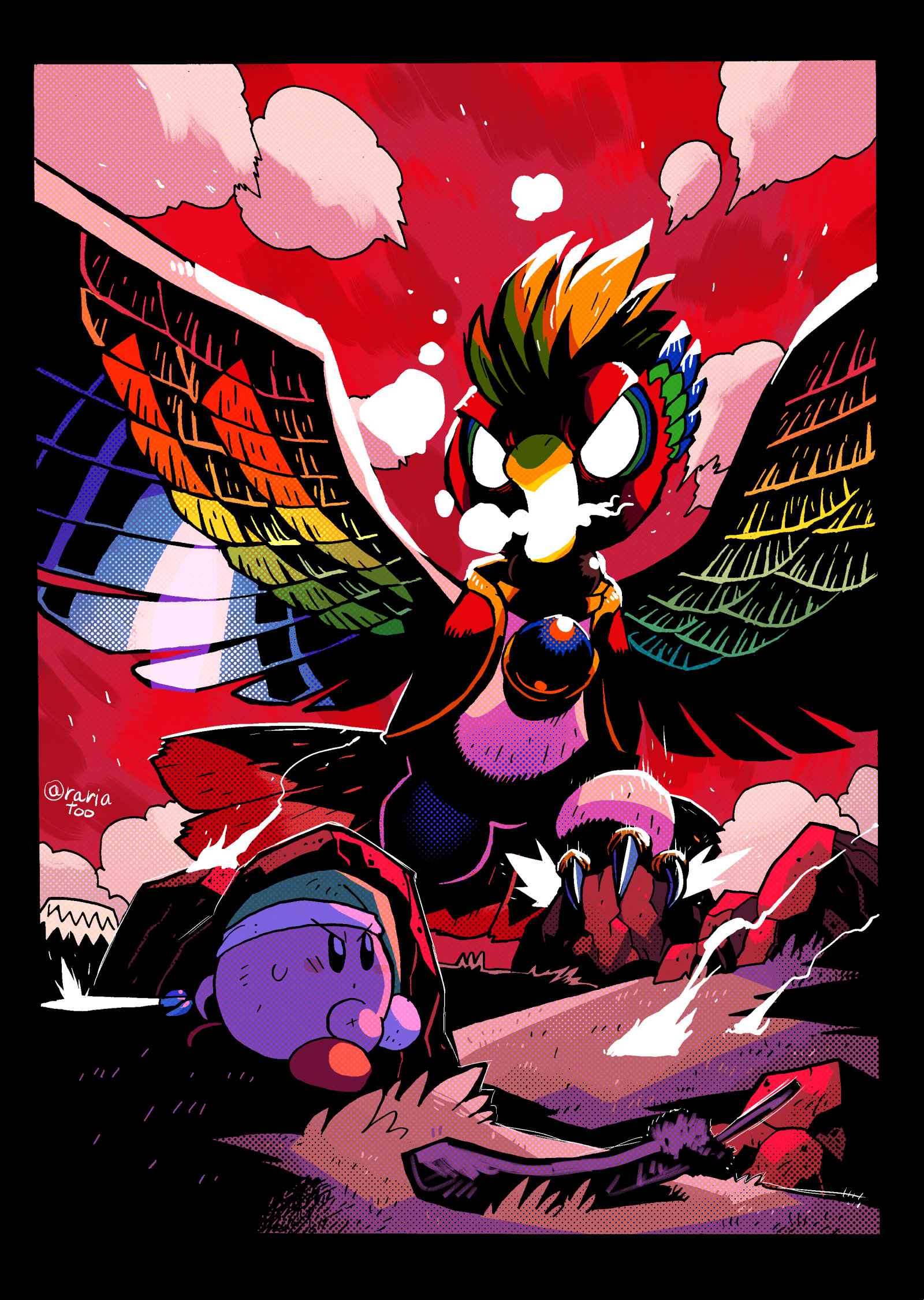 dyna_blade green_headwear hiding highres kirby kirby_(series) kirby_super_star nintendo rariatto_(ganguri) red_sky rock sky sword weapon white_eyes