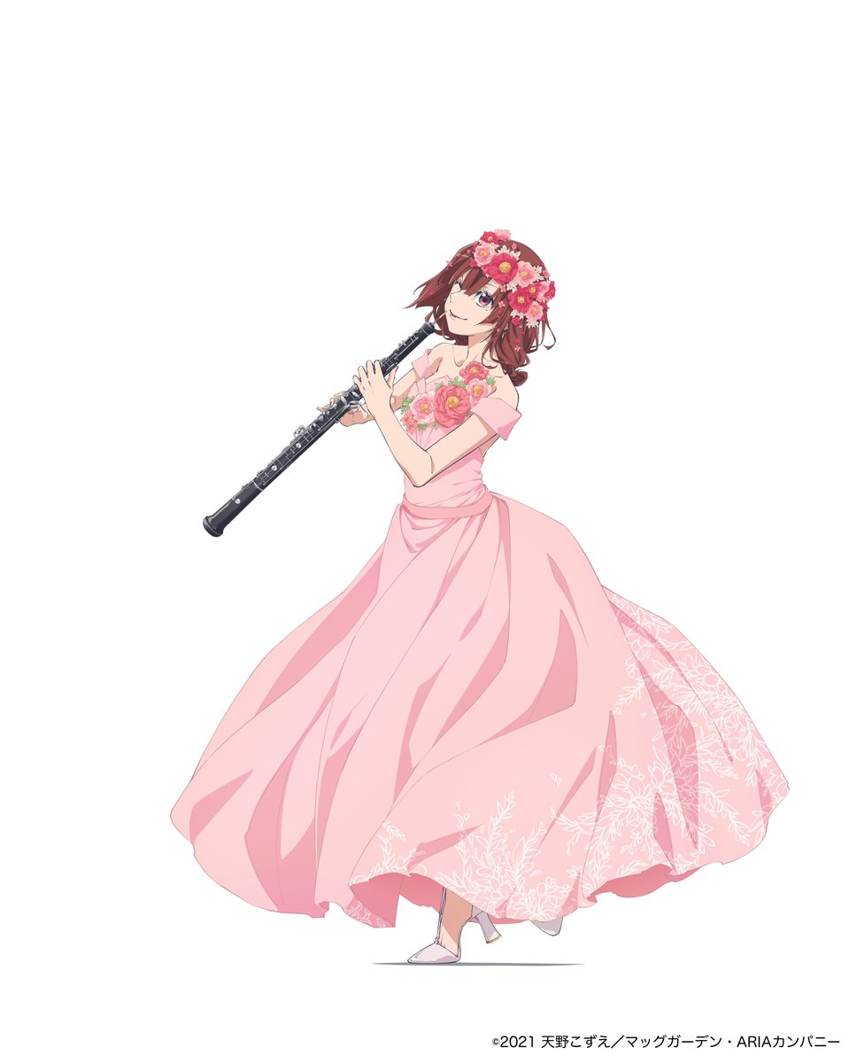 1girl aria_(manga) azusa_mclaren collarbone copyright_name copyright_notice dress floral_print flower full_body hair_flower hair_ornament hands_up highres holding holding_instrument instrument long_dress long_hair music oboe off-shoulder_dress off_shoulder pink_dress pink_flower playing_instrument print_dress red_flower red_hair simple_background smile solo standing standing_on_one_leg strapless strapless_dress tiptoes toe_cleavage white_background white_footwear