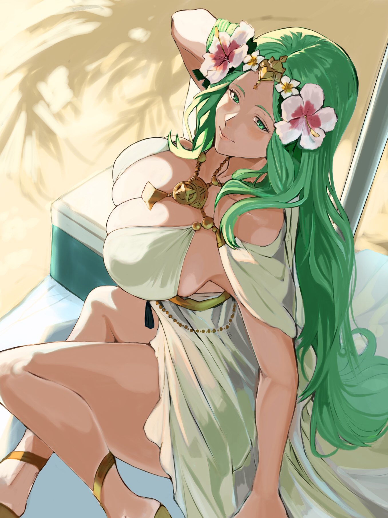 1girl bikini blush breasts cleavage closed_mouth crossed_legs fire_emblem fire_emblem:_three_houses fire_emblem_heroes flower green_eyes green_hair hair_flower hair_ornament highres large_breasts lips long_hair nintendo official_alternate_costume outdoors pink_lips rhea_(fire_emblem) rhea_(summer)_(fire_emblem) sand shadow smile solo sutekina_yari swimsuit thighs very_long_hair white_bikini