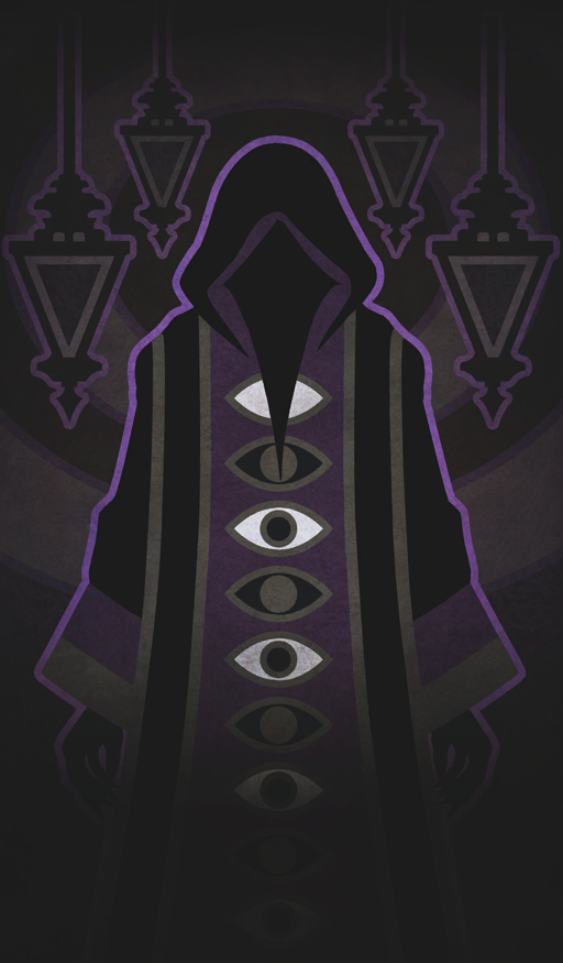 1other akitaken_(non_faciem) ambiguous_gender black_robe commentary eye_symbol fate/grand_order fate_(series) grey_background hanging_lantern hooded_robe official_art outline purple_outline purple_theme robe solo standing straight-on symmetry third-party_source vignetting