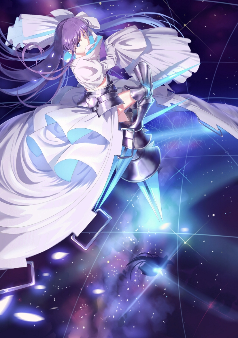 1girl blue_eyes covered_mouth fate/extra fate_(series) glint hair_ribbon long_hair meltryllis_(fate) meltryllis_(third_ascension)_(fate) midriff prosthesis prosthetic_leg purple_hair ribbon shirt showgirl_skirt skirt sleeves_past_fingers sleeves_past_wrists solo space star_(sky) very_long_hair white_ribbon white_shirt white_skirt yaekaidou