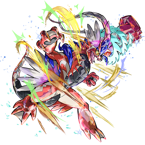 artist_request colored_sclera dragon full_body koraidon lowres nintendo official_art open_mouth orange_eyes outer_glow pokemon pokemon_(creature) pokemon_focus second-party_source solo sparkle terastallization transparent_background yellow_sclera