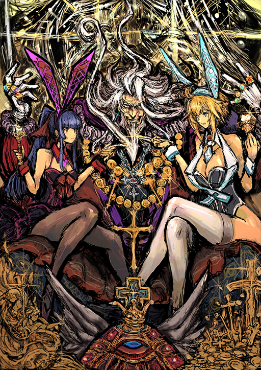 1boy 2girls ahoge animal_ear_hairband animal_ears bare_shoulders beard black_dress black_leotard black_pantyhose blonde_hair blue_necktie blunt_bangs breasts christopher_columbus_(fate) cleavage collar cross cross_earrings crossed_legs detached_collar dress earrings expressionless facial_hair fake_animal_ears fate/grand_order fate_(series) gloves gold_necklace hairband hands_up holding holding_spoon jewelry latin_cross leotard long_beard long_hair long_sidelocks looking_at_viewer male_focus moto_murabito multiple_girls multiple_necklaces multiple_rings necklace necktie official_art ornate_ring pantyhose pink_necktie playboy_bunny purple_hair rabbit_ears red_collar red_tunic red_wrist_cuffs ring short_dress short_hair_with_long_locks sidelocks sitting sitting_on_person smirk sparkle spoon spread_legs thighhighs third-party_source treasure tunic twintails very_long_beard white_collar white_gloves white_hair white_thighhighs white_wrist_cuffs wing_collar wrist_cuffs