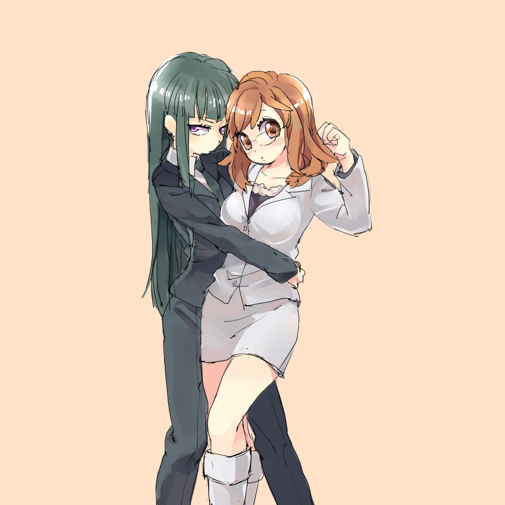 2girls androgynous arm_around_waist arm_up black_hair brown_eyes brown_hair darker_than_black formal_clothes ginta_(tourabu) glasses hazuki_mina_(darker_than_black) multiple_girls necktie purple_eyes reverse_trap sawasaki_youko simple_background skirt suit yuri