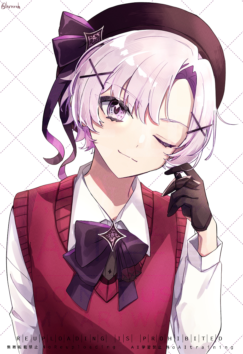 1boy artist_name beret black_bow black_bowtie black_gloves black_hat black_ribbon bow bowtie brooch claw_ring closed_mouth collared_shirt commentary_request genderswap genderswap_(ftm) gloves hair_between_eyes hair_ornament hand_up haruna_(hrnrnh) hat highres hyakumantenbara_salome jewelry long_sleeves looking_at_viewer male_focus nijisanji one_eye_closed parted_bangs purple_eyes purple_hair purple_ribbon red_sweater_vest ribbon shirt short_hair simple_background smile solo sweater_vest twitter_username upper_body virtual_youtuber watermark white_background white_shirt wing_collar x_hair_ornament