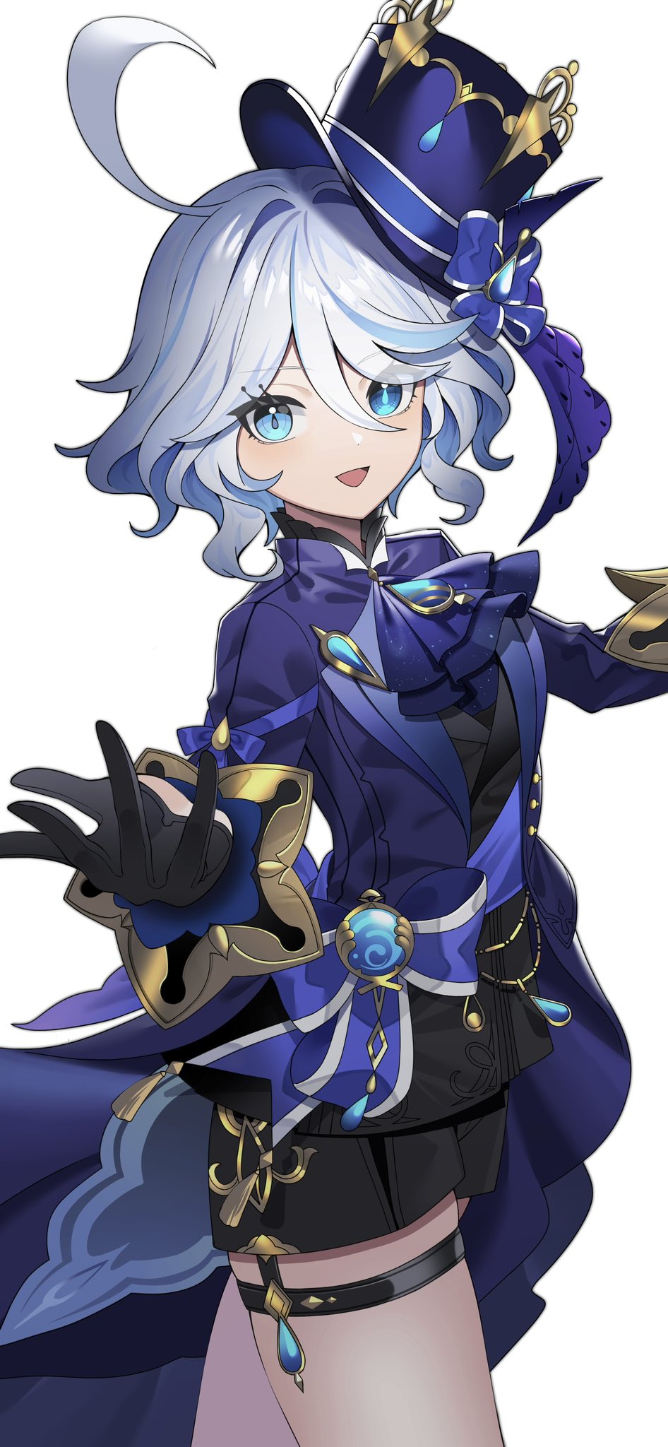 1girl ahoge ascot black_gloves black_jacket black_shorts blue_ascot blue_brooch blue_cape blue_coat blue_eyes blue_gemstone blue_hair blue_hat bow cape coat commentary_request cowboy_shot furina_(genshin_impact) furrowed_brow gem genshin_impact gloves gold_trim hair_between_eyes hair_intakes hands_up hat hat_bow heterochromia highres hydro_symbol_(genshin_impact) jacket lapels light_blue_hair long_bangs long_sleeves mismatched_pupils multicolored_hair open_mouth shorts simple_background smile solo streaked_hair swept_bangs thigh_strap top_hat waist_bow waist_brooch waist_cape wavy_hair white_background yuujin_(yuzinn333)