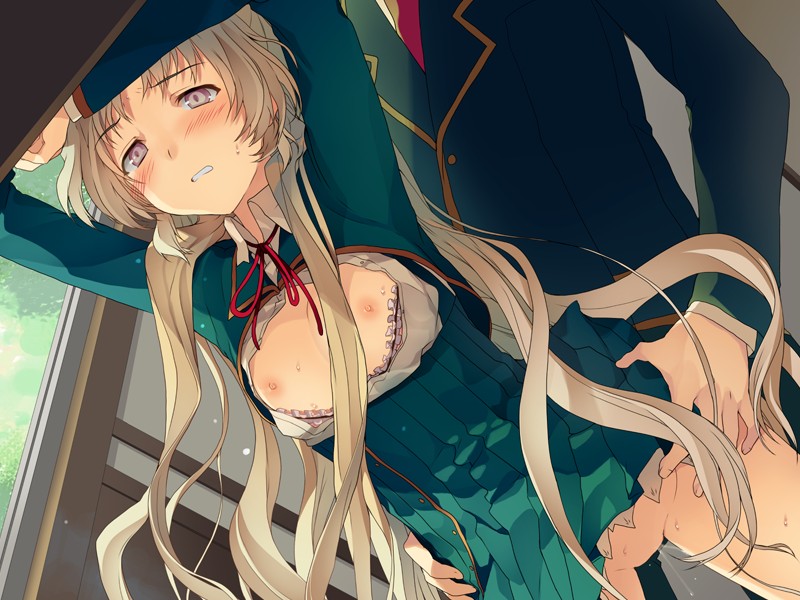 10s 1girl akinashi_yuu arms_up bent_over blush bra breasts clenched_teeth clothed_sex flat_chest game_cg grey_hair hetero kiba_mifuyu koi_to_senkyo_to_chocolate legs long_hair nipples no_panties open_clothes open_shirt purple_eyes school_uniform sex shirt skirt sweat teeth thighs underwear vaginal very_long_hair