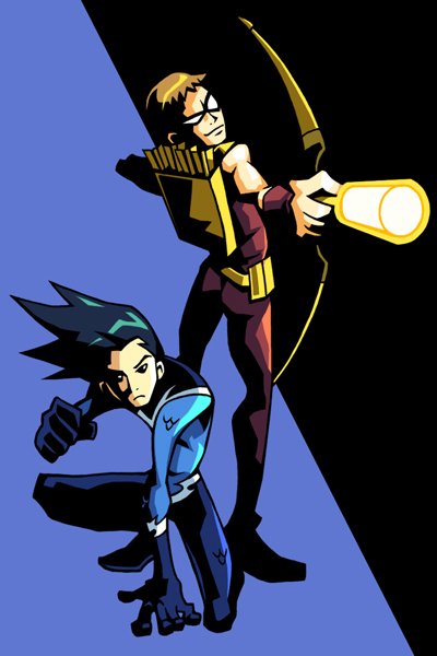 2boys aqua_lad arrow_(projectile) bodysuit bow_(weapon) cartoon_network dc_comics fighting_stance garth k_kumahachi male_focus mask multiple_boys orange_hair roy_harper sleeveless solid_eyes speedy teen_titans weapon