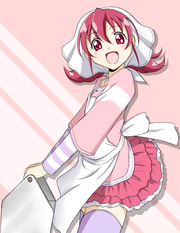 00s 1girl aida_mana amraam120c apron blouse cosplay dokidoki!_precure female_focus food_delivery_box headscarf muteki_kanban_musume nabatame_hitomi onimaru_miki onimaru_miki_(cosplay) open_mouth pink_shirt precure red_eyes red_hair shirt skirt smile solo striped_background thighhighs voice_actor_connection white_headscarf zettai_ryouiki