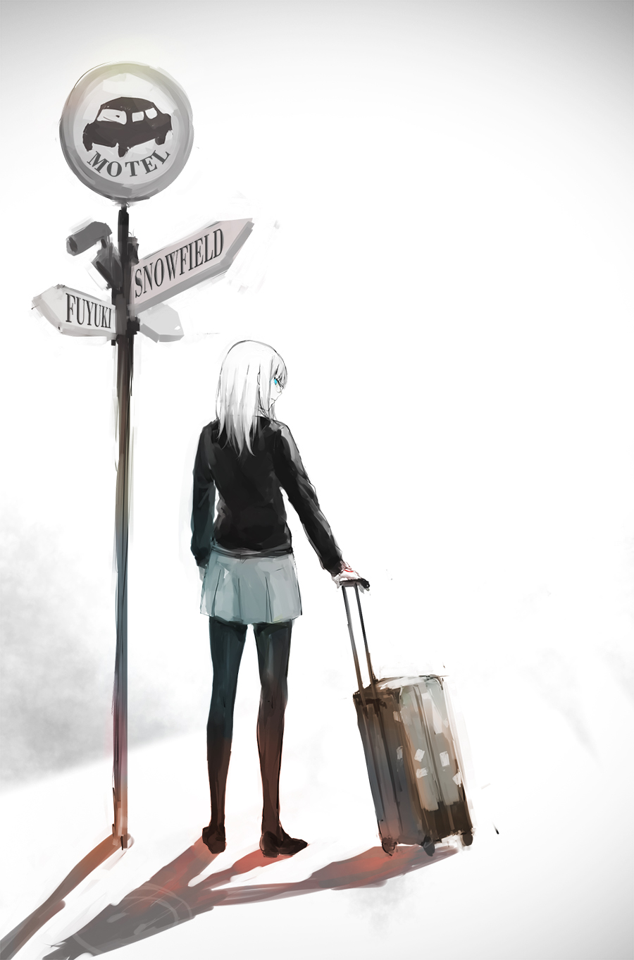 1girl blue_eyes fate/strange_fake fate_(series) female_focus from_behind full_body fuurin glasses highres miniskirt pantyhose road_sign sajou_ayaka_(fate/prototype) sajou_ayaka_(fate/strange_fake) sign skirt solo spot_color standing suitcase