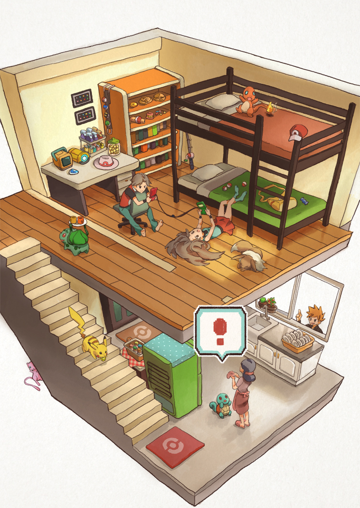 ! 00s 1boy 2girls bag baseball_cap bed black_hair blue_oak brown_hair bulbasaur bunk_bed chair charmander desk eevee fire fishing_rod flame-tipped_tail game_boy_advance gen_1_pokemon handheld_game_console hat house kanto_mother_(rgby/frlg) leaf_(pokemon) legendary_pokemon mew_(pokemon) mother_(pokemon) multiple_girls mythical_pokemon nintendo office_chair pikachu playing_games poke_ball poke_ball_(basic) poke_ball_theme pokemon pokemon_(creature) pokemon_frlg red_(pokemon) skirt squirtle stairs starter_pokemon_trio swivel_chair tail television unworn_hat unworn_headwear zhenblue