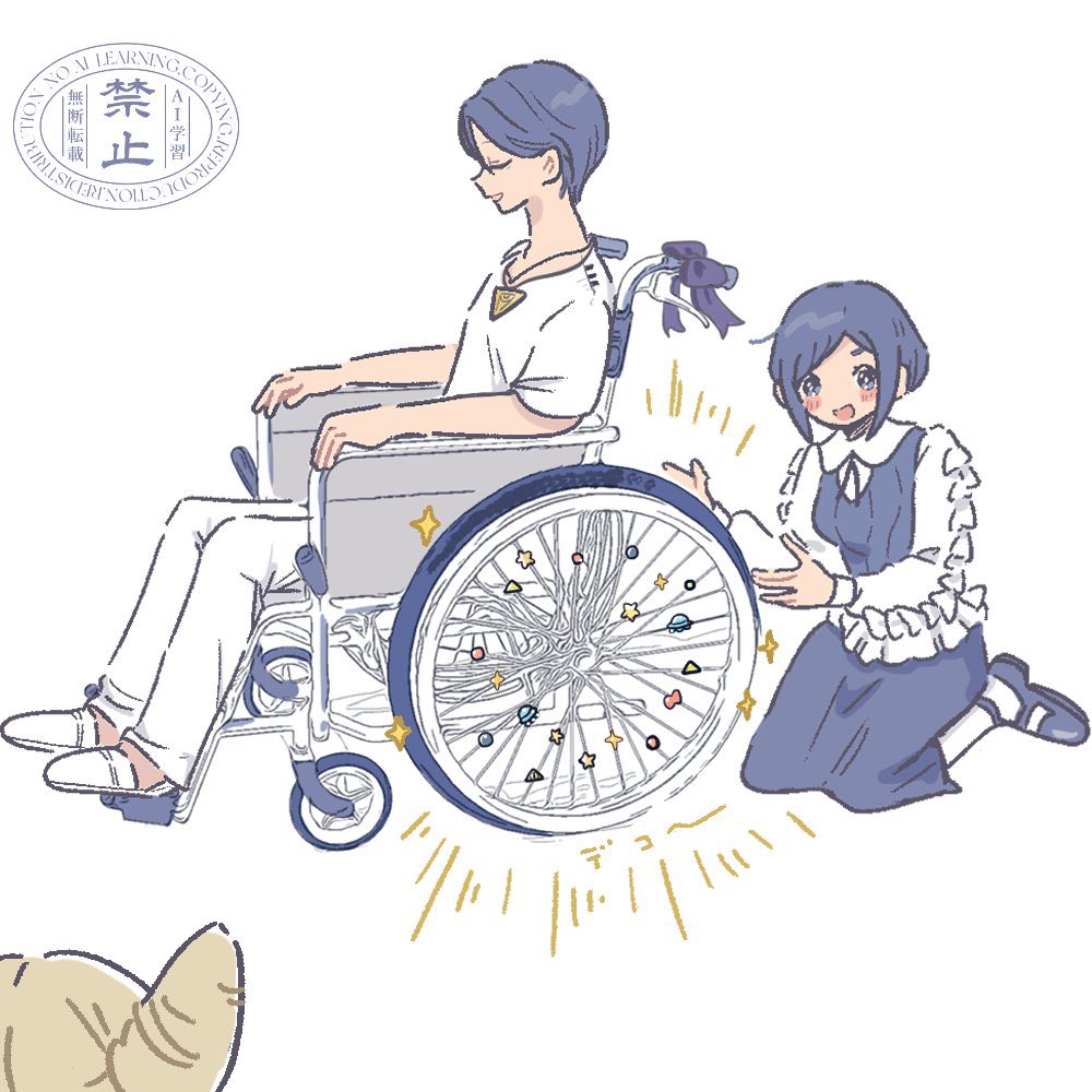 1boy 2girls blue_eyes blue_hair blue_skirt closed_eyes collared_shirt commentary_request cone_hair_bun decorating decorations double_bun frilled_shirt frilled_sleeves frills fukurai_azami full_body hair_bun jasmine_(toshi_densetsu_kaitai_center) kneeling long_sleeves looking_at_viewer meguriya_ayumu multiple_girls open_mouth out_of_frame pants shirt short_hair short_sleeves simple_background sitting skirt smile sparkle toshi_densetsu_kaitai_center triangle_necklace tsumiki_(svooooof) wheelchair white_background white_pants white_shirt