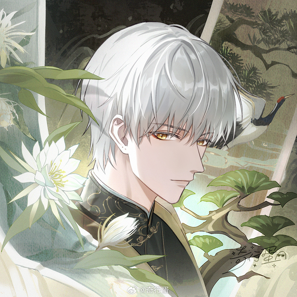 1boy bird black_background black_robe brown_jacket changpao chinese_clothes choppy_bangs closed_mouth crane_(animal) epiphyllum eyeliner flower from_side hanging_scroll jacket lapels leaf light_and_night_love light_smile looking_at_viewer looking_to_the_side makeup male_focus pine_tree portrait qi_sili qixing_dan red_eyeliner robe scroll short_hair signature solo through_medium through_painting tree white_flower white_hair yellow_eyes