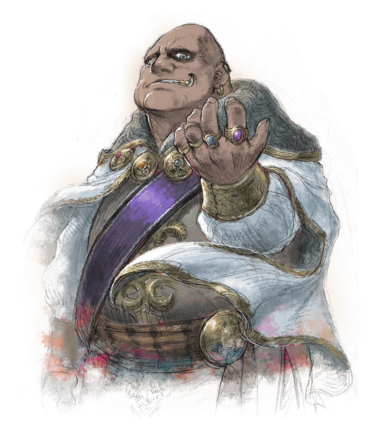 1boy bald blue_eyes cowboy_shot dark-skinned_male dark_skin earrings fat fat_man gold_teeth grin ikusy jewelry looking_at_viewer male_focus official_art ring smile solo sorsley_ende standing transparent_background triangle_strategy