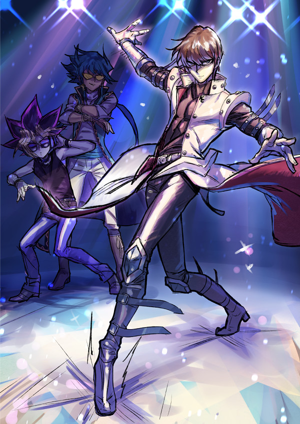 3boys aigami armlet belt black_footwear black_hair black_shirt black_wrist_cuffs blue_hair blue_jacket blue_pants blue_shirt brown_eyes brown_footwear brown_hair coat crossed_arms dance_floor dancing facing_to_the_side facing_viewer floor_light gold_wrist_cuffs hand_on_headphones headphones indoors jacket jewelry kaiba_seto light_particles light_rays looking_at_another looking_at_viewer looking_to_the_side male_focus metal_wrist_cuffs multiple_boys muto_yugi na222222 neon_lights open_clothes open_jacket outstretched_arms pants popped_collar purple_shirt serious shirt sleeveless sleeveless_shirt smile sparkle spiked_hair stage stage_lights sunglasses trench_coat white_belt white_jacket white_pants white_wrist_cuffs wind wrist_cuffs yellow_wrist_cuffs yu-gi-oh! yu-gi-oh!_the_dark_side_of_dimensions